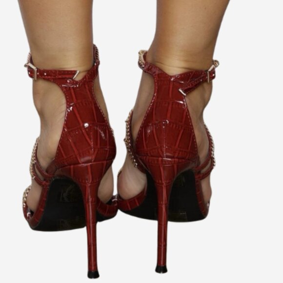 Fashion Nova Heels Stiletto Women's Size 6 Red Faux Croc Chains 4.5" Heel Buckle - Picture 6 of 8